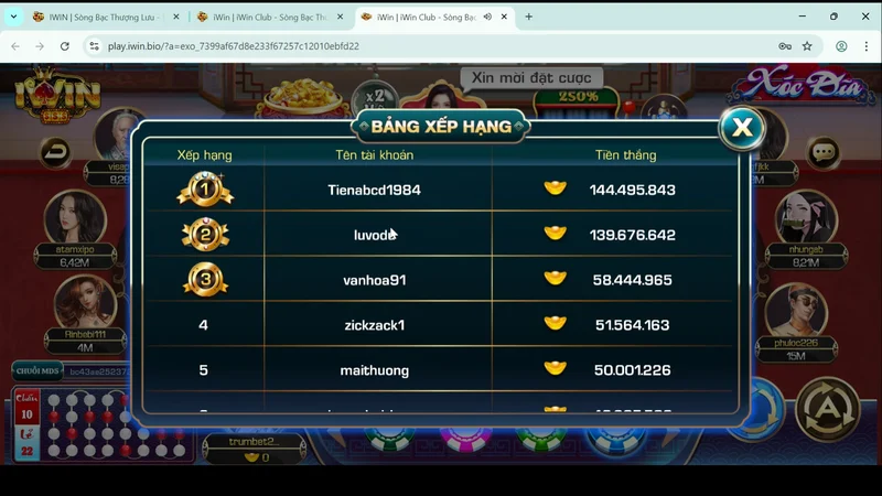 Bảng xếp hạng xóc đĩa Iwinclub