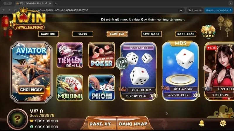 Giao diện sảnh game bài Iwinclub đa dạng.