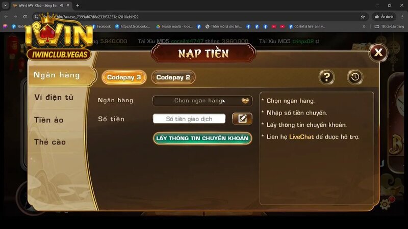 Nạp tiền Iwinclub qua thẻ ngân hàng