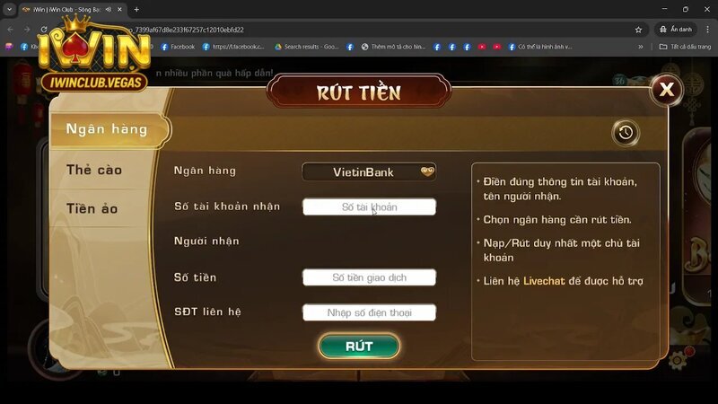 Rút tiền Iwinclub về thẻ ngân hàng